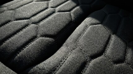 Fototapeta premium Close up view of quilted black fabric with hexagonal stitching and dramatic lighting