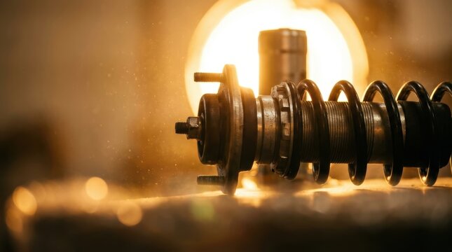 Close up of a car's suspension coilover shock absorber with glowing warm light car maintenance