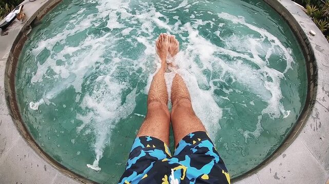 Top-down view of adult man resting in circular outdoor spa, legs extended into frothy green water with white foam around feet, set beside tropical greenery, resort umbrellas, and cloudy sky