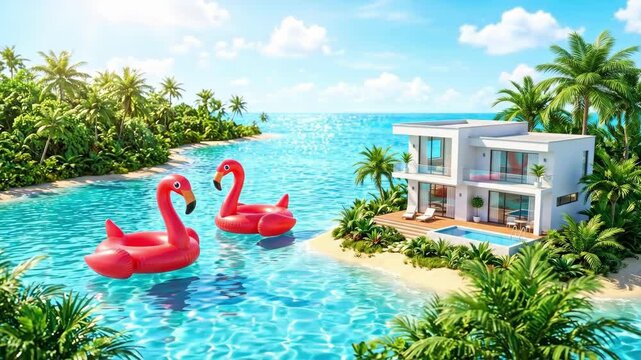 Modern white house on tropical island with red flamingo inflatables in turquoise water. Luxury vacation paradise surrounded by palm trees and infinity pool for relaxation getaway