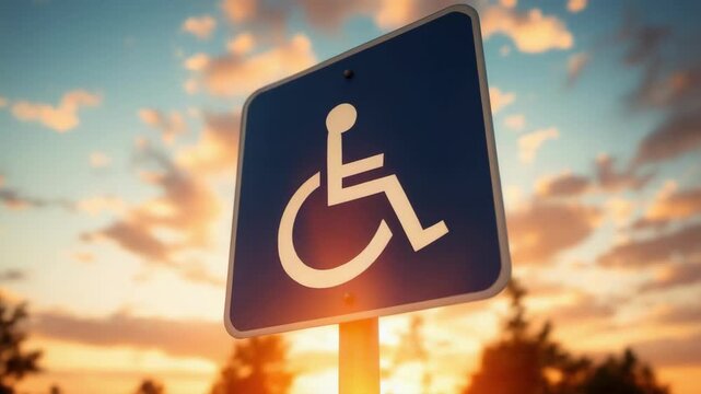 Accessible parking sign at sunset with vibrant sky and natural background