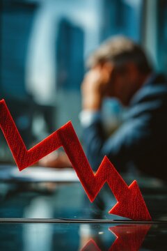 Conceptual business crisis image featuring a sharp red downward arrow on a desk with a stressed businessman in the background. Symbol of economic recession and loss.