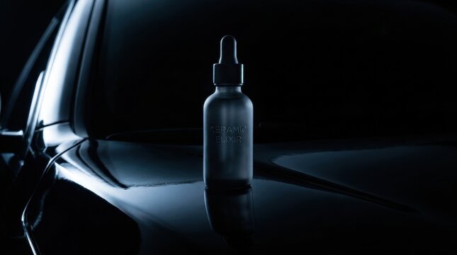 Dark moody shot of a ceramic elixir bottle with dropper on a glossy surface car maintenance