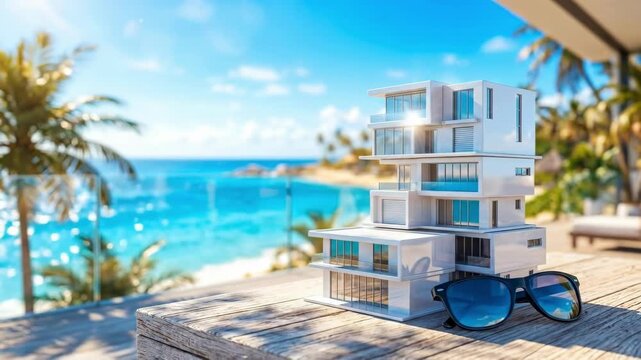 Miniature modern white house model on wooden deck with sunglasses. Tropical beach and ocean view in background. Vacation property architecture concept for real estate visualization