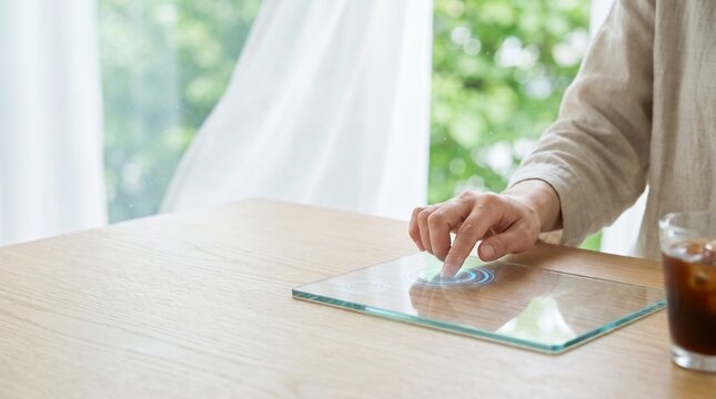 Woman touching transparent glass tablet on wooden table in bright early summer workspace with iced coffee