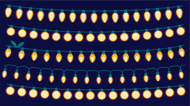 An illustration of a string of decorative lights hanging outdoors at night