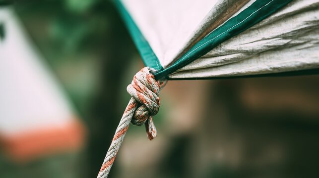 Close-up of taut triangular tent corner secured by rope, outdoor camping gear detail, natural light