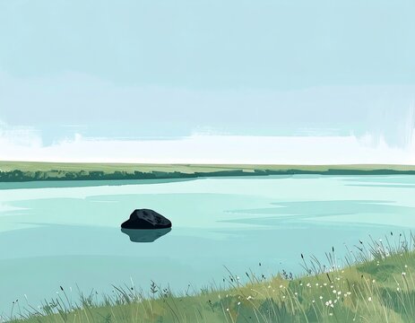 Minimalist horizontal watercolor painting of a serene river