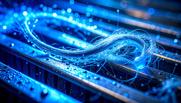Optical fiber strand blue light macro detail abstract technology network cable digital data glowing thread close up futuristic pattern communication