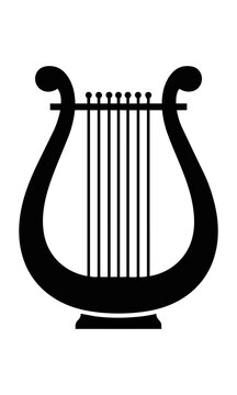 Minimalist black icon of a classical Greek kithara with curved arms and seven strings isolated on white background musical instrument concept