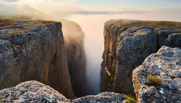 two rocky cliffs with a foggy gap between them symbolizing a challenge a choice or a leap of faith