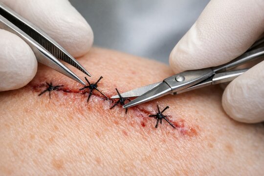 Close-up of person using scissors to cut own skin, possibly for self-harm or body modification