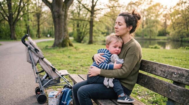 Tired mother comforting her toddler on a quiet bench after a public meltdown, showing reconnection, shared regulation and emotional recovery from a stressful moment.
