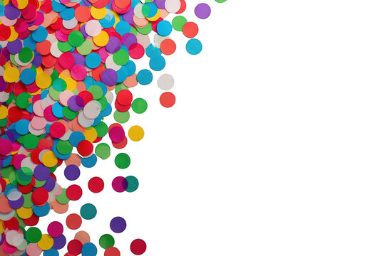 Colorful confetti rain falling on transparent background creating a festive celebration pattern with copy space