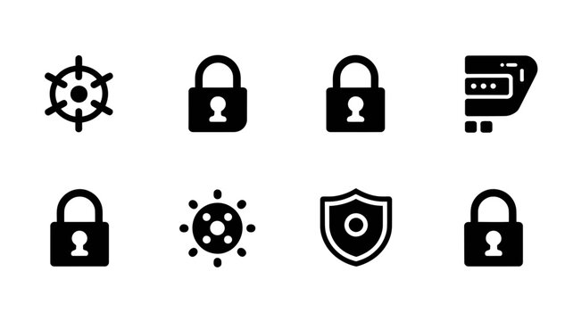 Cyber security and data protection icon set, privacy safety shields and padlocks collection, vector network safety elements