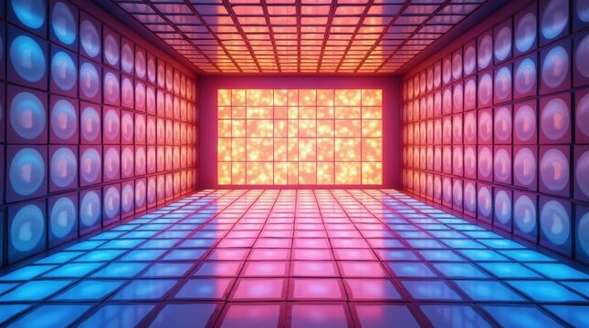 Abstract neon light tunnel with glowing square tiles and pink colors isolated on white background