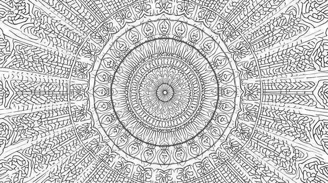 Circular mandala pattern with intricate black lines on white background isolated on white background