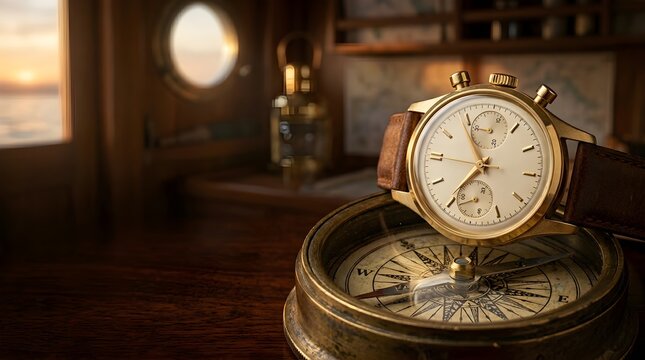 Elegant gold chronograph watch resting on a vintage compass inside a ship cabin.
