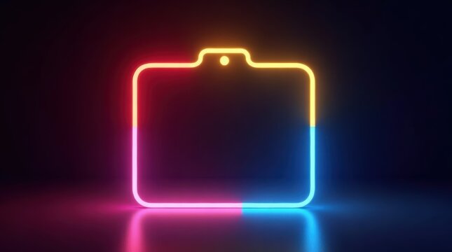 Glowing neon camera outline icon on a dark background isolated on white background