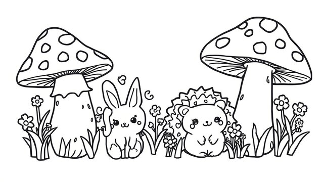 Cute rabbit and hedgehog sitting with big mushrooms coloring page for kids isolated on white background