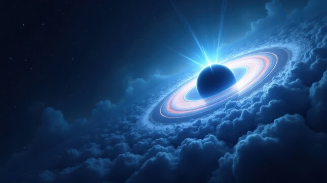 Glowing black hole in deep space with bright rings and cosmic clouds isolated on white background