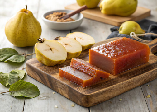 Quince cheese paste (Membrillo) sliced on rustic wooden board, fresh quince, soft natural lighting