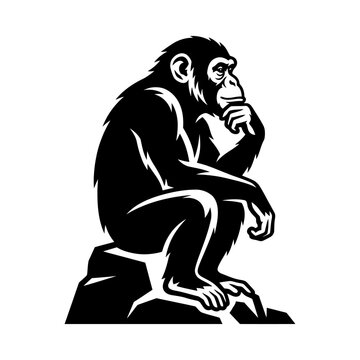 Thinking chimpanzee sitting on rock black white illustration.