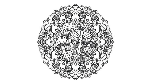 Black and white mushroom mandala coloring page for adults isolated on white background