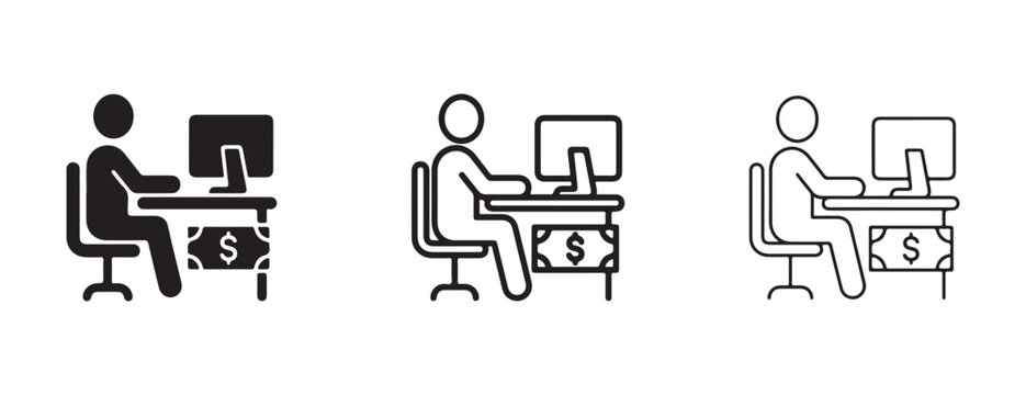 stick figures sitting at desk with computer and money  office worker icons