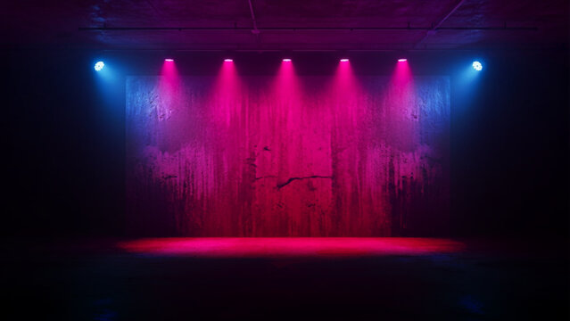 Empty stage with a textured concrete wall illuminated by bright magenta spotlights and blue side lights in a dark room