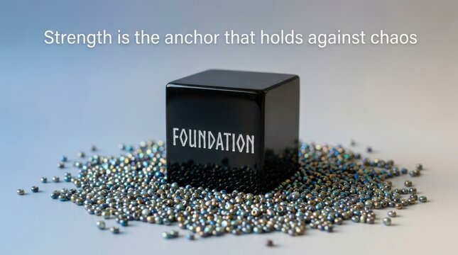 Black cube with FOUNDATION text on bead pile