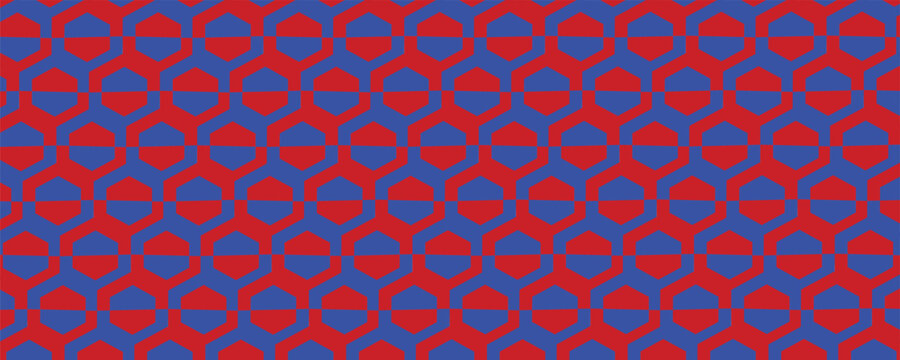 WebGeometric Blue And Red Repeating Pattern With Hexagon Motif And Optical Illusion Tile Background