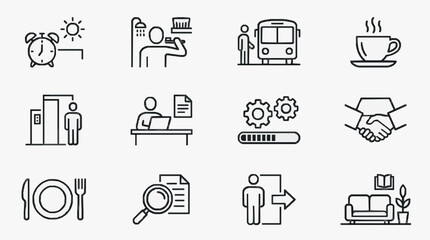 Fototapeta premium Modern Black and White Line Icons Set Featuring Daily Routine Work Travel and Home Life Activities