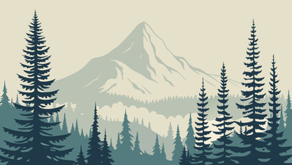 Stylized illustration of a mountain range with coniferous trees in shades of teal and beige alpine ascent © Sukhendu