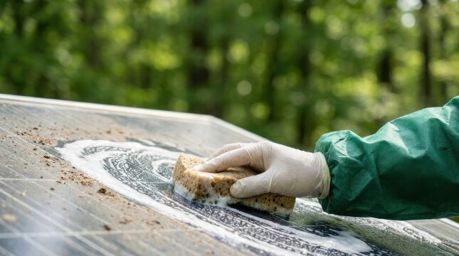 Hand in glove cleaning a dirty solar panel with a sponge and soap foam power electrical grid