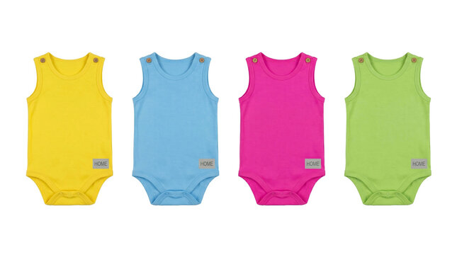 Four baby rompers or bodysuits in different colors arranged side by side PNG on white background