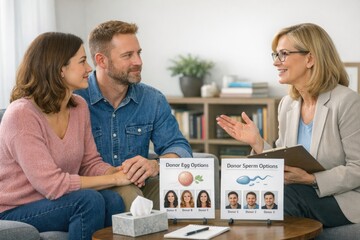 Fototapeta premium Three people having a relaxed discussion on a couch, great for showing social relationships or casual gatherings