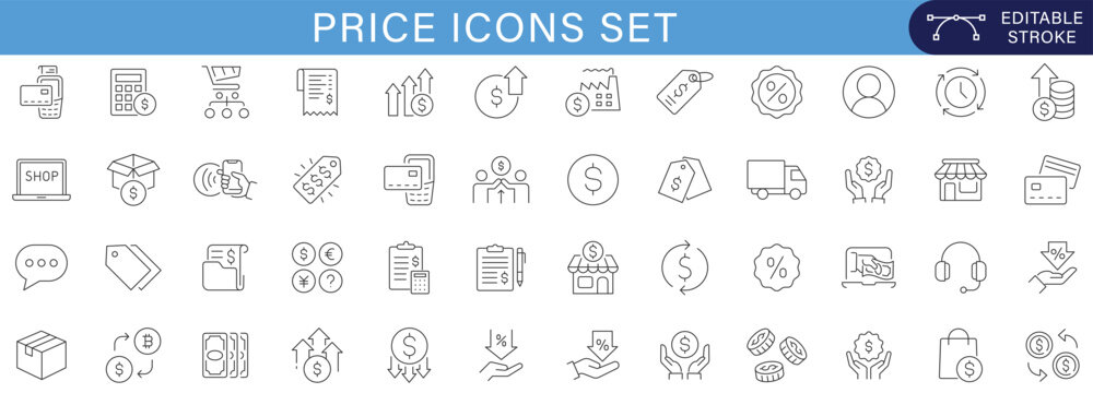 Price Icons Set Containing Cost, Discount, Invoice, Payment, Shopping and More Outline Icon Collection Editable Stroke Vector Illustration