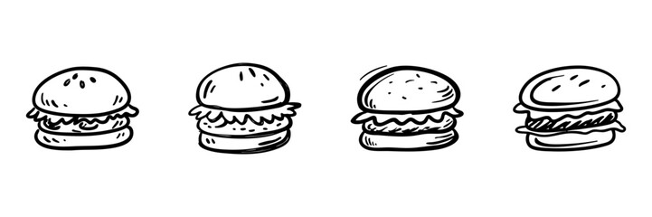 Fototapeta premium Burger In Hand Drawn Style Set. Fast Food Doodle Sketch Collection. Ideal For Restaurant Menus And Food Blogs. Isolated Vector Illustration