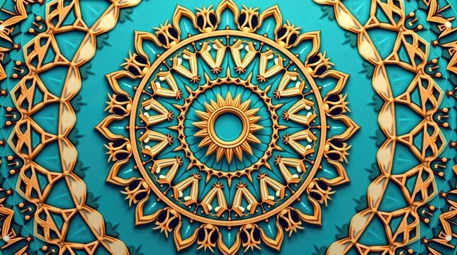 Golden ornamental mandala pattern on a bright turquoise background isolated on white background