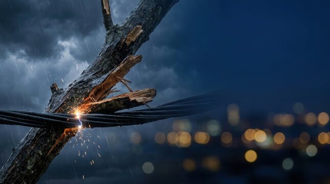 Broken tree branch causing electrical hazard on power lines during heavy rain electrical grid