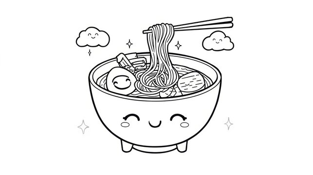 Cute kawaii ramen noodle bowl with chopsticks for coloring page isolated on white background