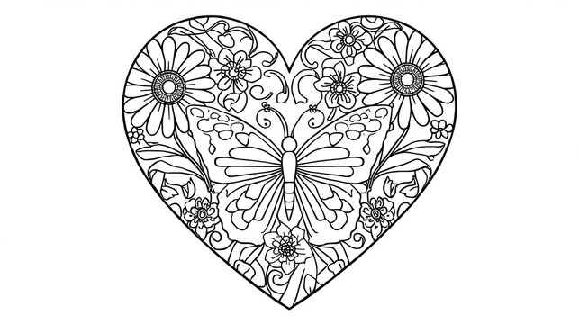 Black and white floral heart drawing with a butterfly for coloring isolated on white background