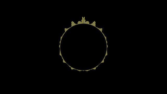 Neon yollow audio spectrum ring animation and glowing with reactive sound frequencies, futuristic music equalizer cinematic waveform graphics on black screen background. 4k