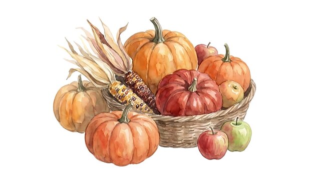Autumn harvest basket featuring pumpkins apples and corn