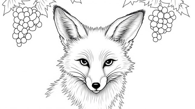 Cute fox face with grapes for coloring page isolated on white background