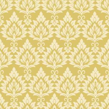 Elegant seamless damask pattern gold and cream ornamental motifs background. Luxury ethnic vintage wallpaper design floral symmetry decorative texture, textile print, sophisticated pattern, vector
