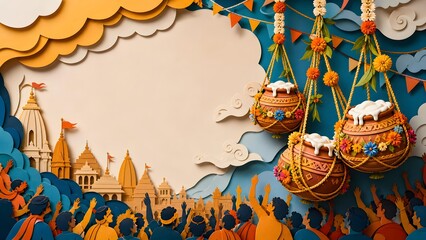Naklejka premium 3D Papercut Dahi Handi Festival Crowds and Hanging Butter Pots Background Banner