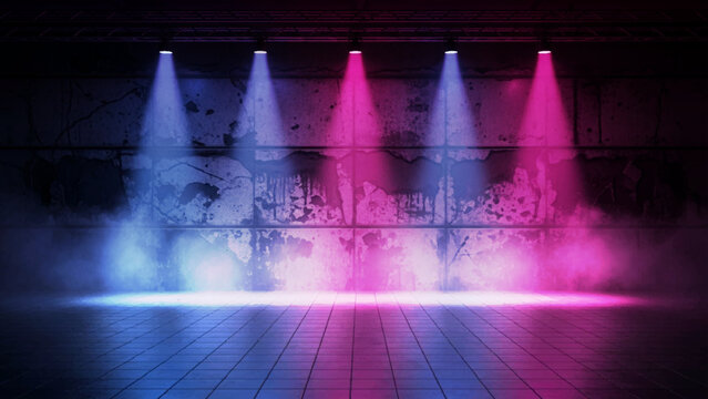 Empty stage with tiled floor, illuminated by five blue and pink spotlights against a dark, textured wall with graffiti patterns