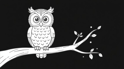 Fototapeta premium Cute cartoon owl sitting on a tree branch line art drawing isolated on white background